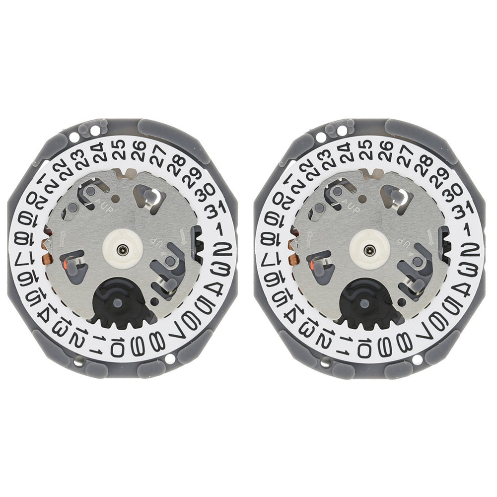Hattori Epson TMI VJ22 quartz watch movement with dual date windows at 3 and 6, Japan made for accuracy