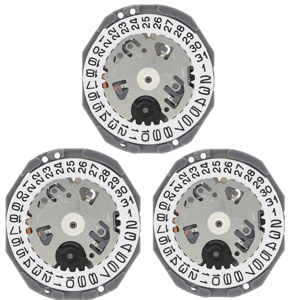 Hattori Epson TMI VJ22 quartz watch movement with dual date windows at 3 and 6, Japan made precision timer