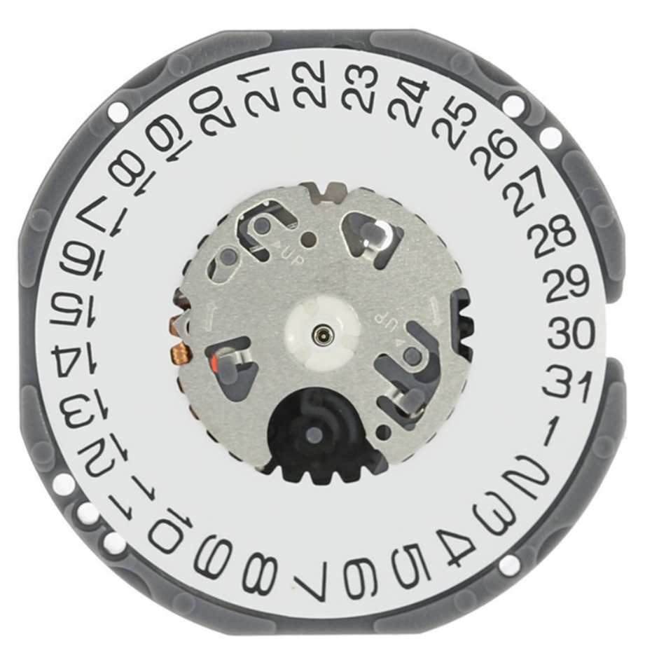 Hattori Epson quartz watch movement with date at 3/6, Japan made for precise timekeeping