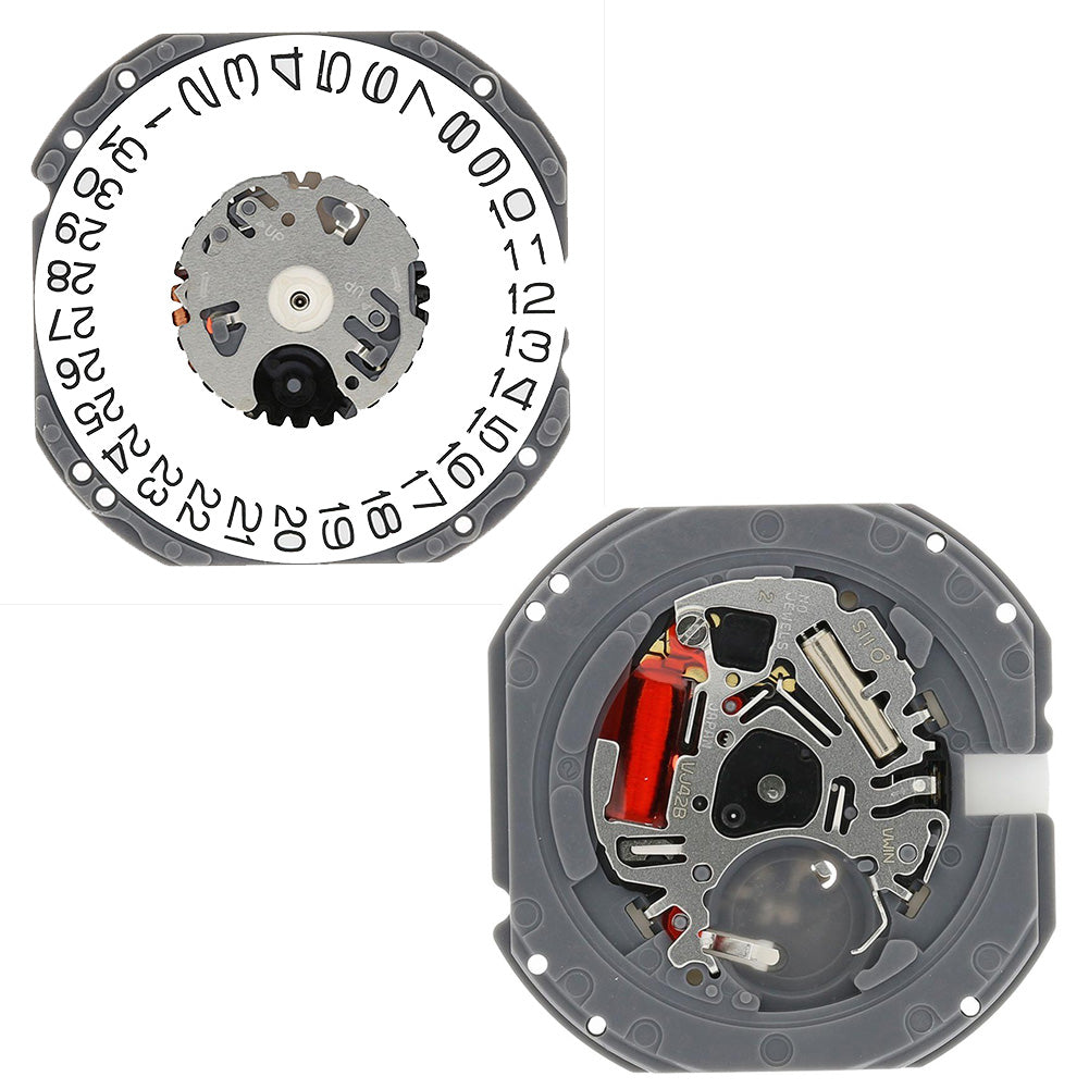 Hattori Epson TMI VJ42 quartz watch movement showing date windows at 3 and 6, Japan made for precise timekeeping.