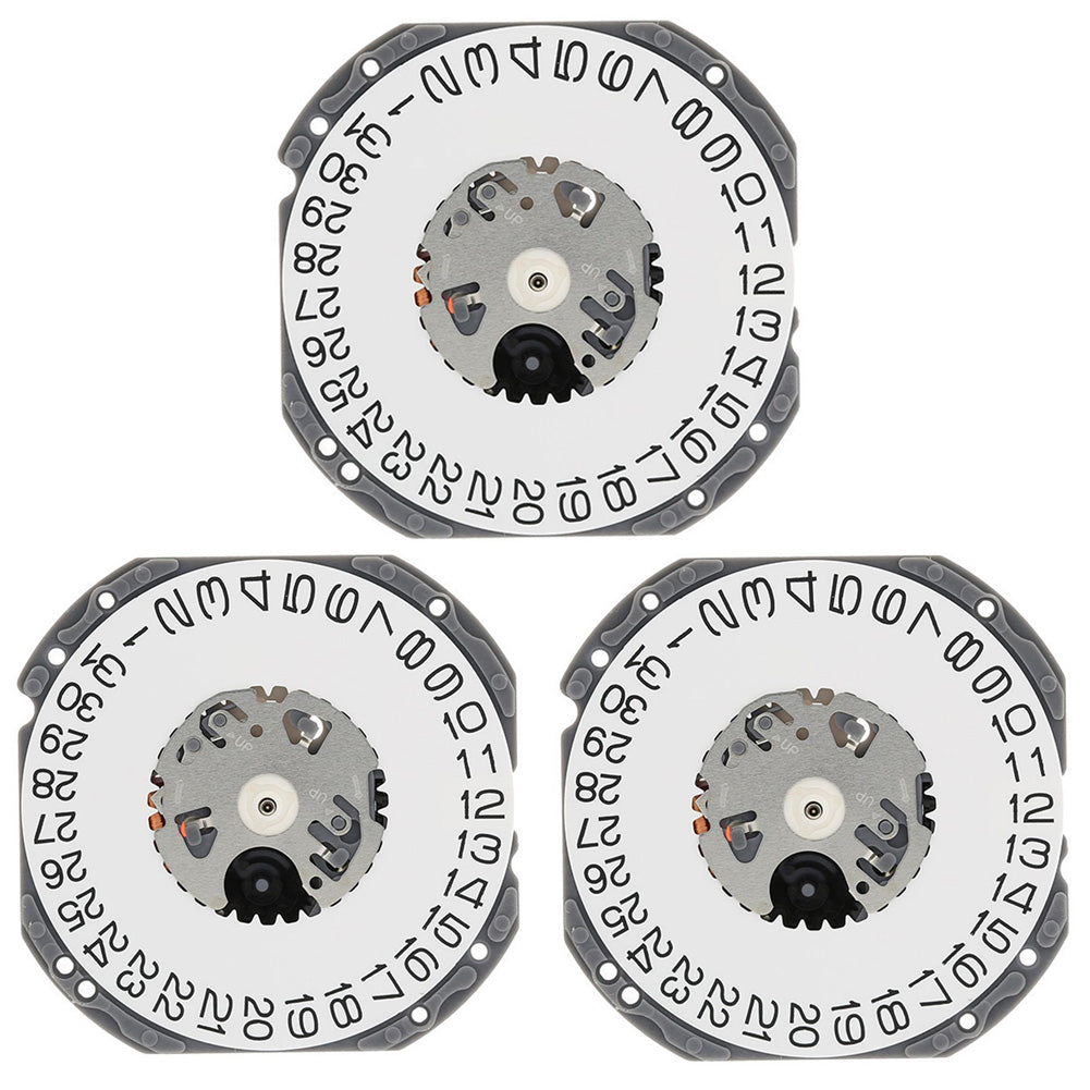 Hattori Epson TMI VJ42 quartz watch movement showing date windows at 3 and 6, Japan made.