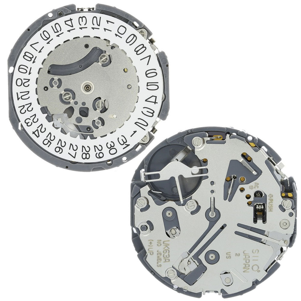 Hattori Epson VK63A quartz watch movement showing Japan-made precise timekeeping mechanism.