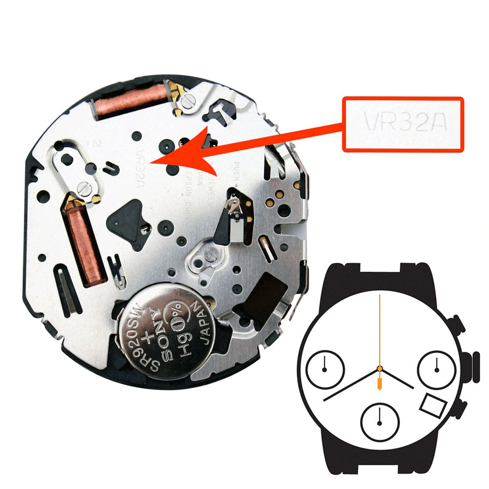 Hattori VR32 Japan quartz chronograph watch movement showcasing precise timing components for accessories.