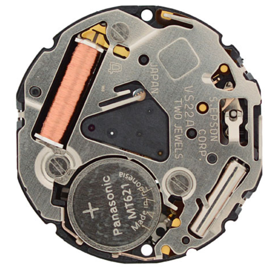Hattori Epson VS22A solar-powered quartz watch movement, precise Japanese timekeeping component.