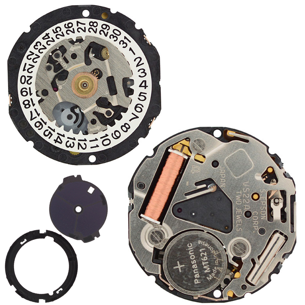 Hattori Epson VS22A solar quartz watch movement, Japan-made, reliable timekeeping part for repairs.
