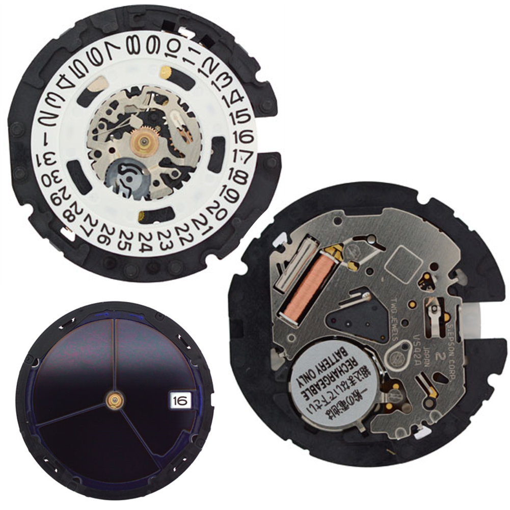 Hattori Epson VS42A solar quartz watch movement showcasing precise Japanese engineering for durable watch accessories.