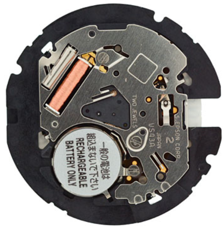 Hattori Epson VS43A solar watch movement, Japan-made quartz mechanism for reliable timekeeping.