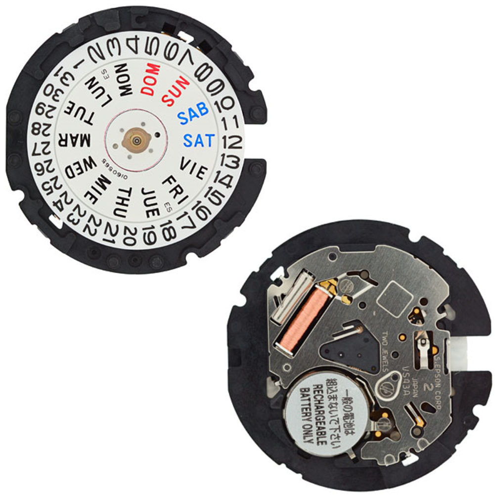 Hattori Epson VS43A solar watch movement, Japan-made, reliable power source for watch repairs.