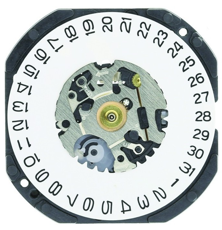 Hattori Epson VX32 quartz watch movement showing date window at 3/6 position, made in Japan.