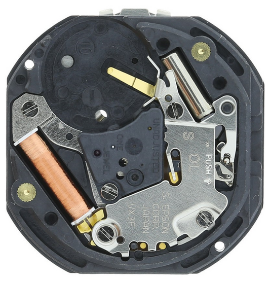 Hattori Epson VX3F quartz watch movement, precision Japanese craftsmanship for reliable timekeeping.
