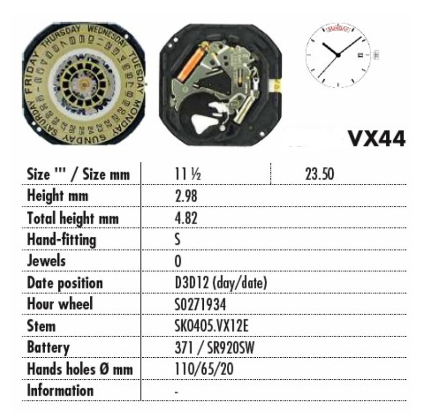 Hattori Epson VX44E quartz watch movement with white and gold dial, precision Japan-made mechanism for watch repairs.