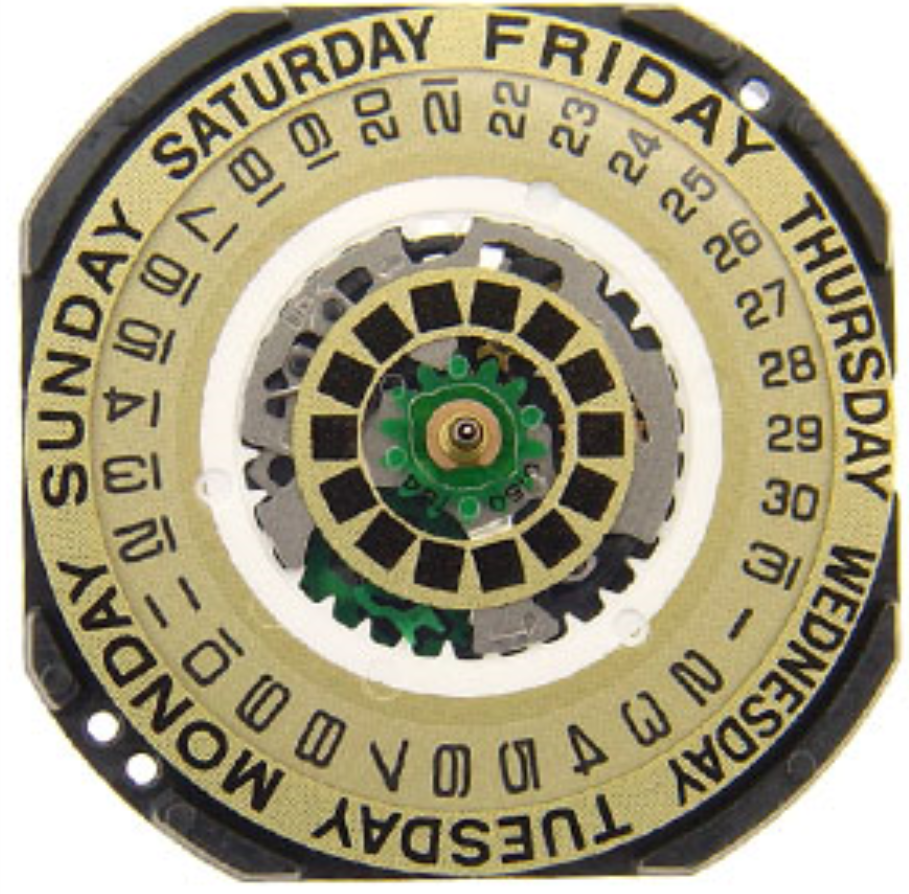 Hattori Epson VX44E quartz watch movement with white and gold dial, Japan precision mechanism for watch repairs.