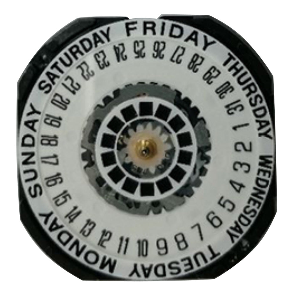 Hattori Epson VX44E quartz watch movement with white and gold dial, precision Japan-made mechanism for watch repair.