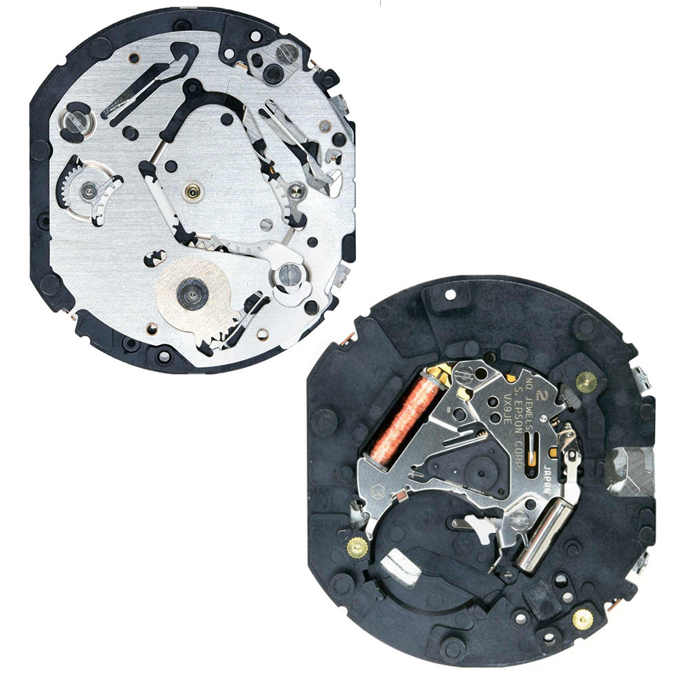 Hattori Epson VX9J quartz watch movement showcasing precision Japanese craftsmanship for reliable timekeeping.