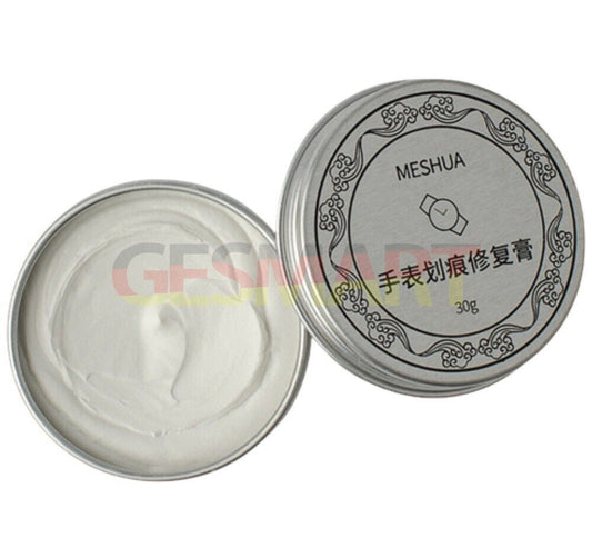 Abrasive polishing paste for watch scratch repair with cloth and sandpaper, restoring shine efficiently.