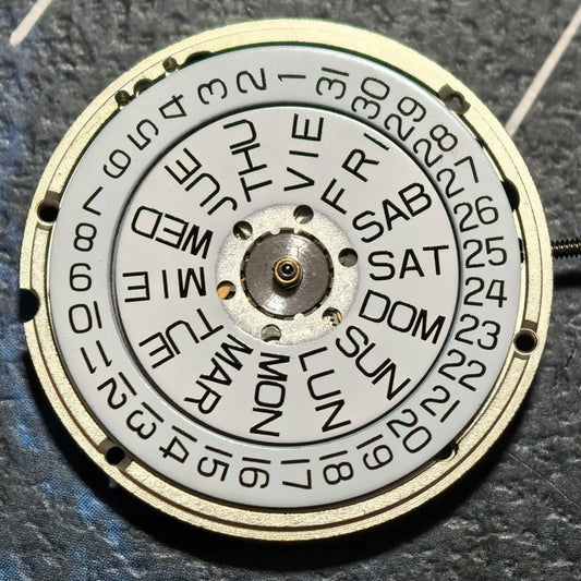Swiss Made ETA 955.424 quartz watch part with 3 hands, double calendar for precise timekeeping.