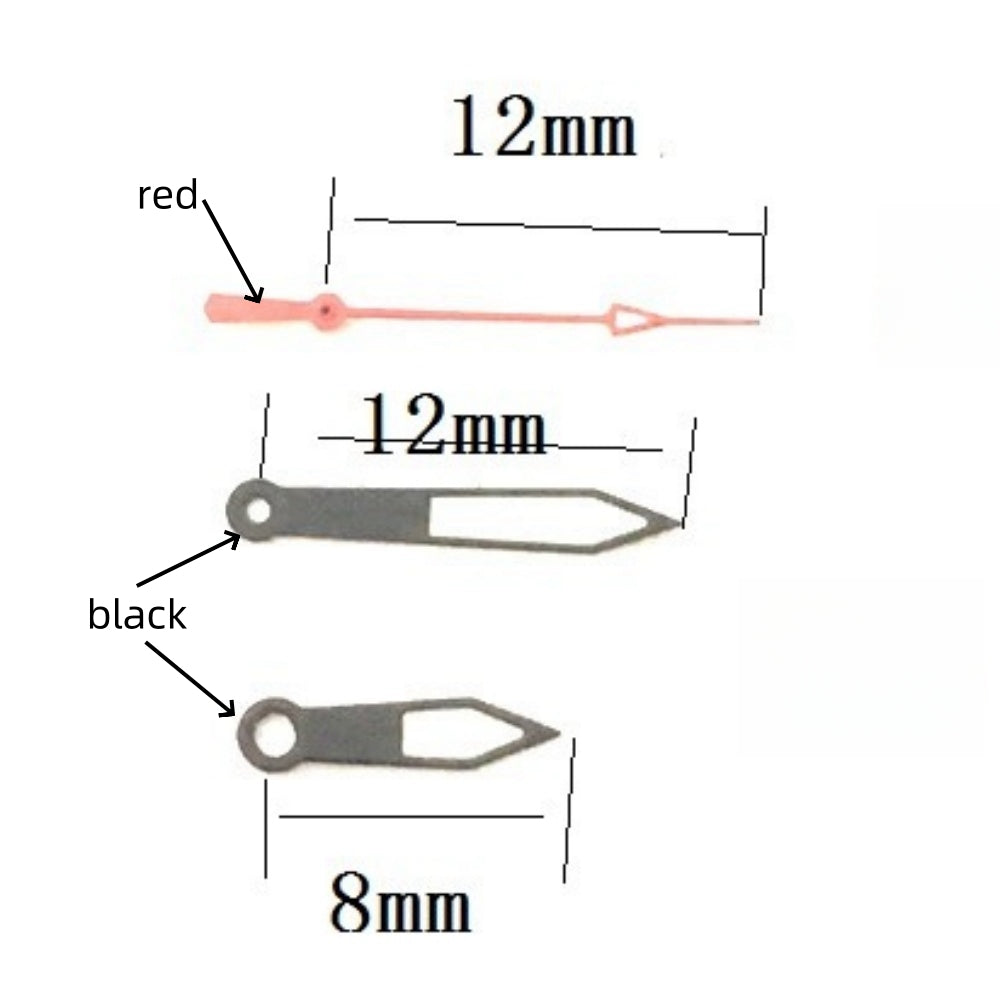 Black Trim Red Second Hands for Ronda 515 Quartz Movement watch, precise fit for 12x12x8mm upgrade.