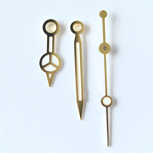 Vintage-style 12.5mm GoldenTrim watch hands with blue-green lume for 3135 movement.