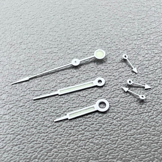 Green lume pointed white trim watch hands for Miyota OS10 OS20 OS60 OS80, enhancing time visibility.