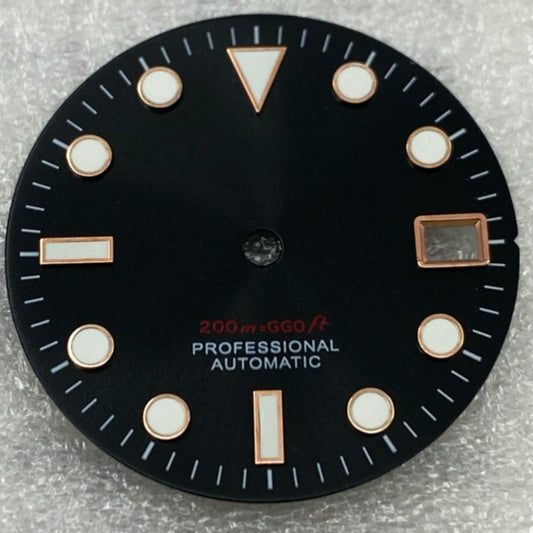 Green luminous nail watch dial with rose gold trim on black background for NH35/36 movement.