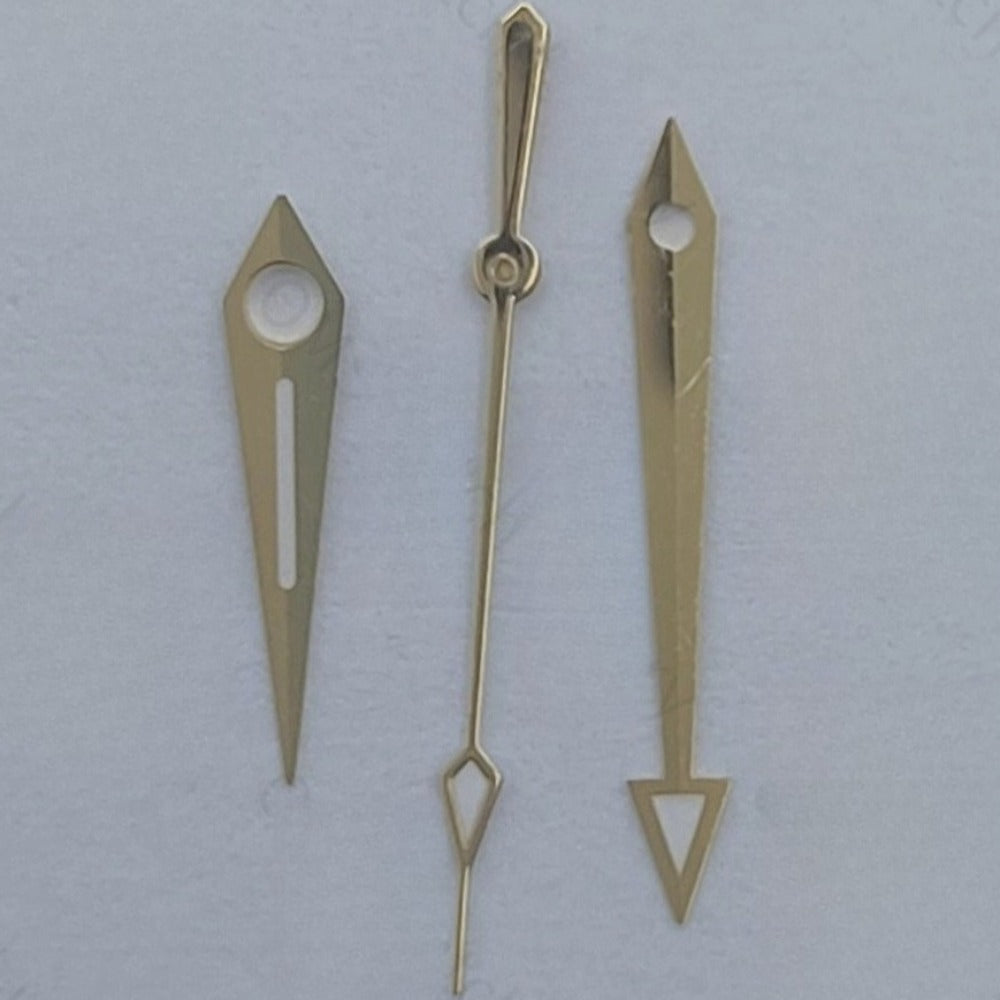 Golden trim arrow-shaped watch hands for NH35 NH37 NH38 movements, precise timekeeping accessory.