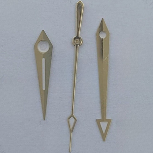 Golden trim arrow-shaped watch hands for NH35 NH37 NH38 movements, precise timekeeping accessory.