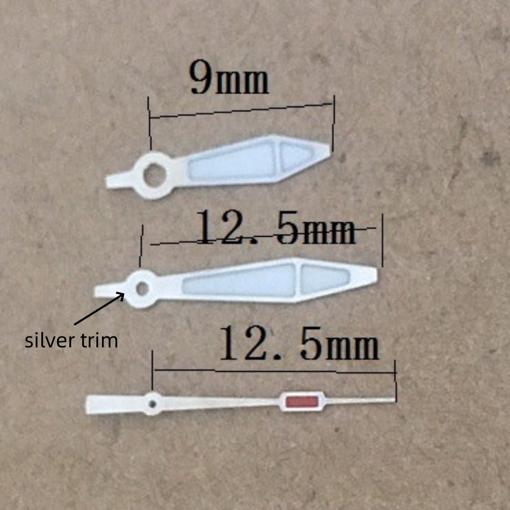 Silver trim green lume watch hands set for Ronda 515 quartz movement, enhancing visibility and style