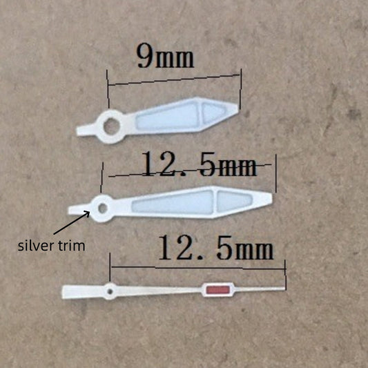 Silver trim green lume watch hands set for Ronda 515 quartz movement, enhancing visibility and style