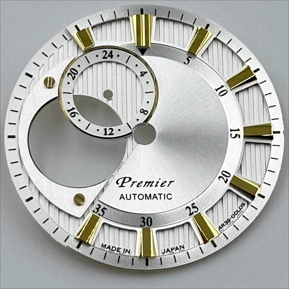 Silver 28.5mm hollow diving watch dial with golden font, no lume, compatible with NH39 movement.