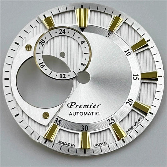 Silver 28.5mm hollow diving watch dial with golden font, no lume, compatible with NH39 movement.