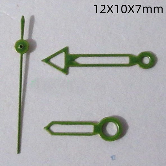 12mm hollow green painted trim watch hands set for Miyota 2035, 2115, with vibrant finish.
