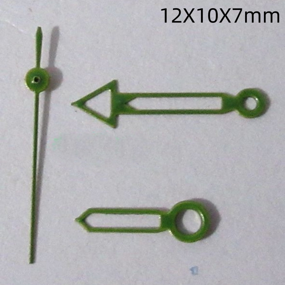 12mm hollow green painted trim watch hands set for Miyota 2035, 2115, with vibrant finish.