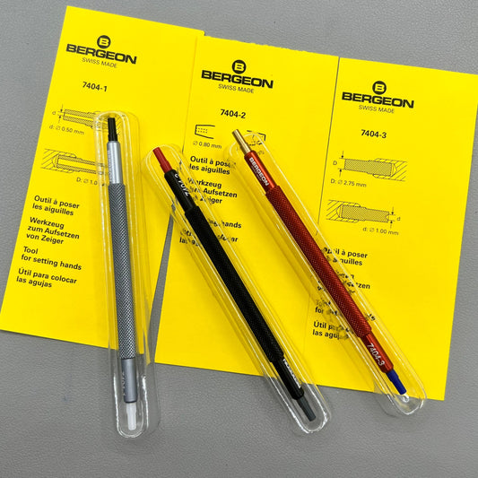 Swiss Bergeon 7404 watch hand fitting tools, precision set of 3 for professional watch repairs.