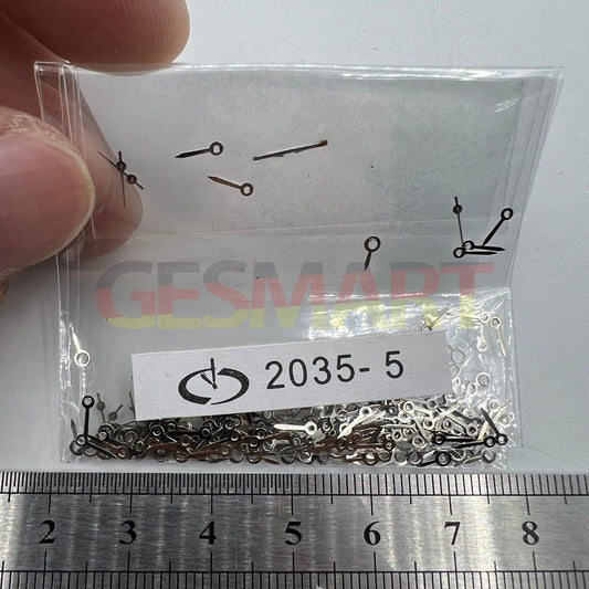 Silver 5mm second hands set for Miyota 2035 quartz watches, enhancing time precision and style.