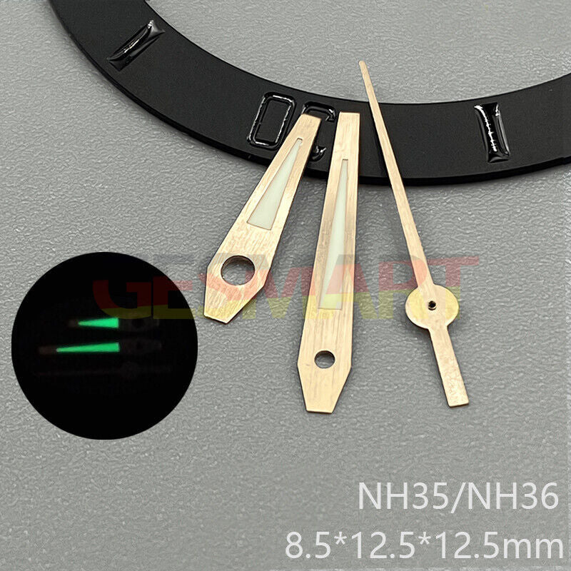 Rose gold luminous watch hands with green glow for NH35, NH36, NH38, NH70, NH71, NH72 movements.