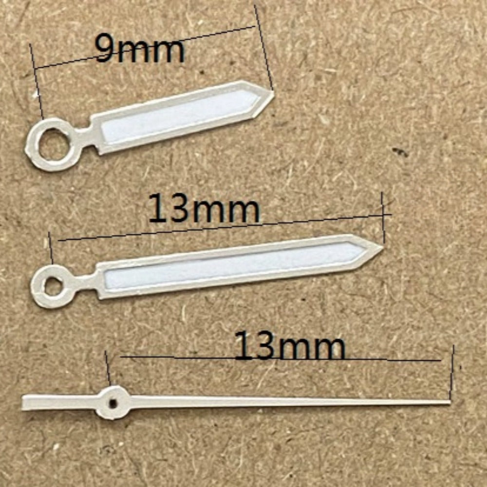 13mm silver-trimmed green lume arrow watch hands by Ronda for 515 quartz movement timepieces