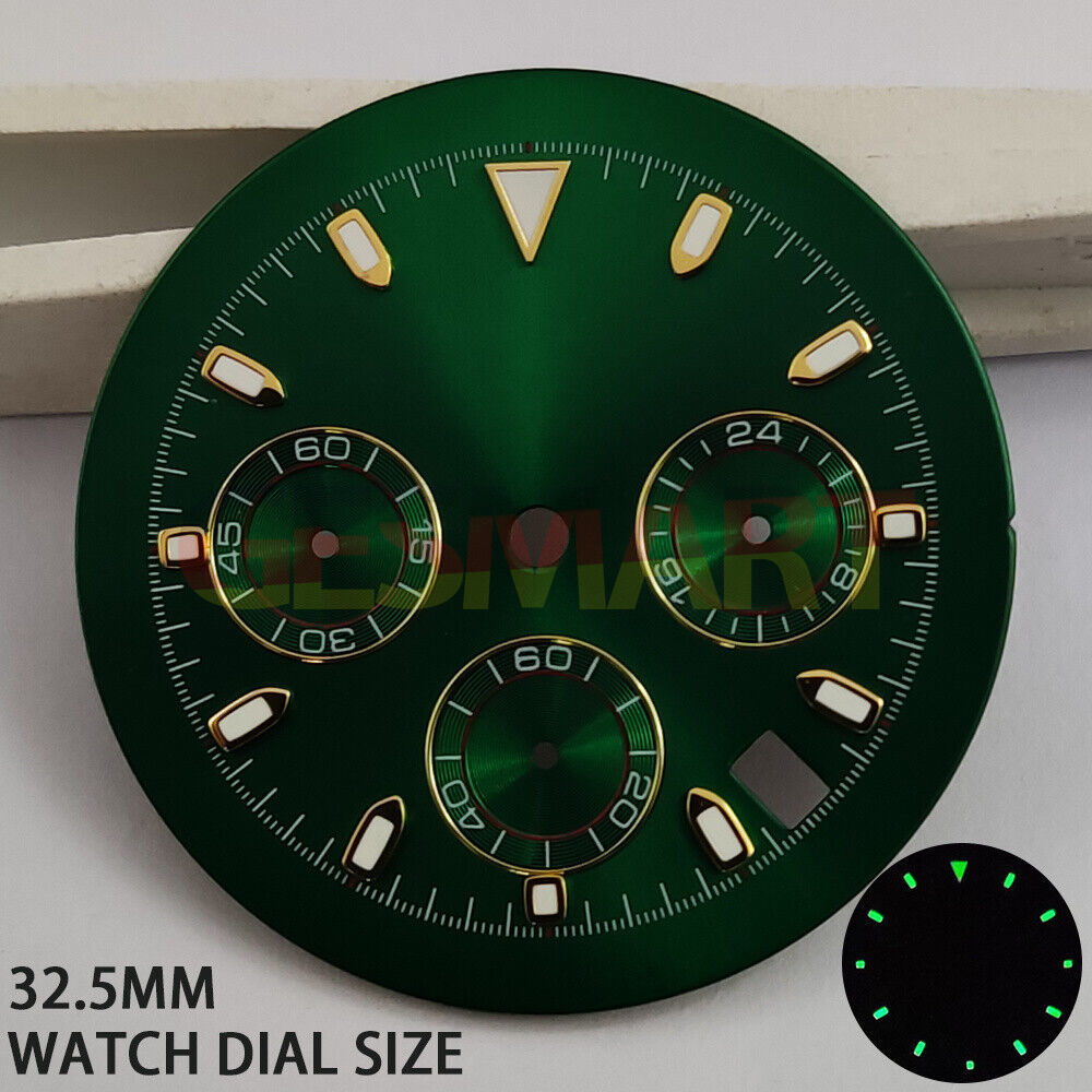 Green Luminous 32.5mm Watch Dial for VK63 Quartz Movement - Matted Finish, No Logo