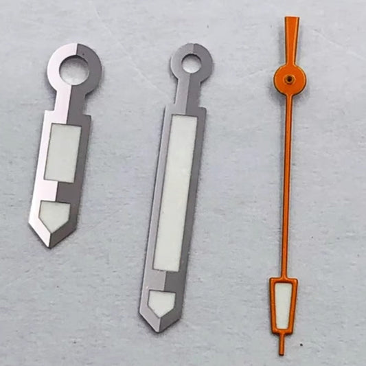 Orange second hands with silver trim for Miyota 8215, 8205, 821A, Mingzhu 2813 watch movements.