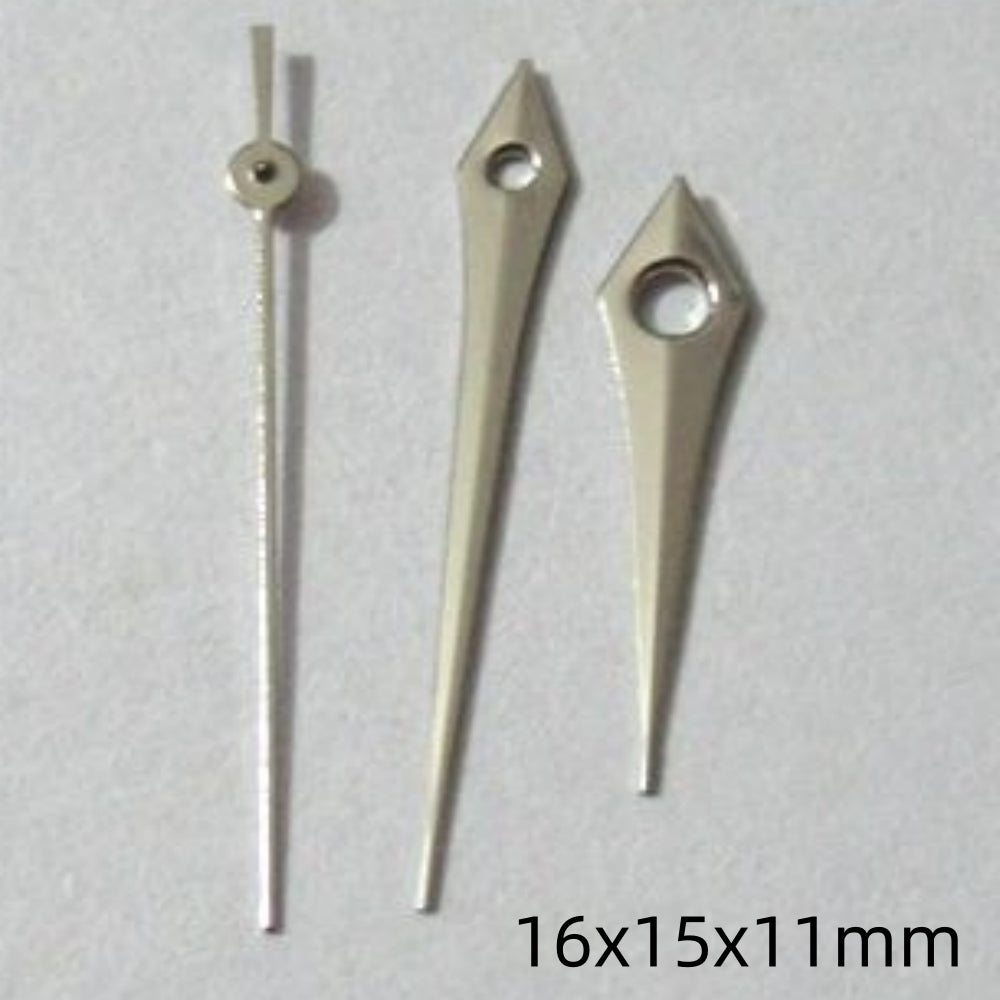 Silver 16mm arrow-shaped watch hands set by Miyota, compatible with 2035, 2115, 2105, 2305 movements.