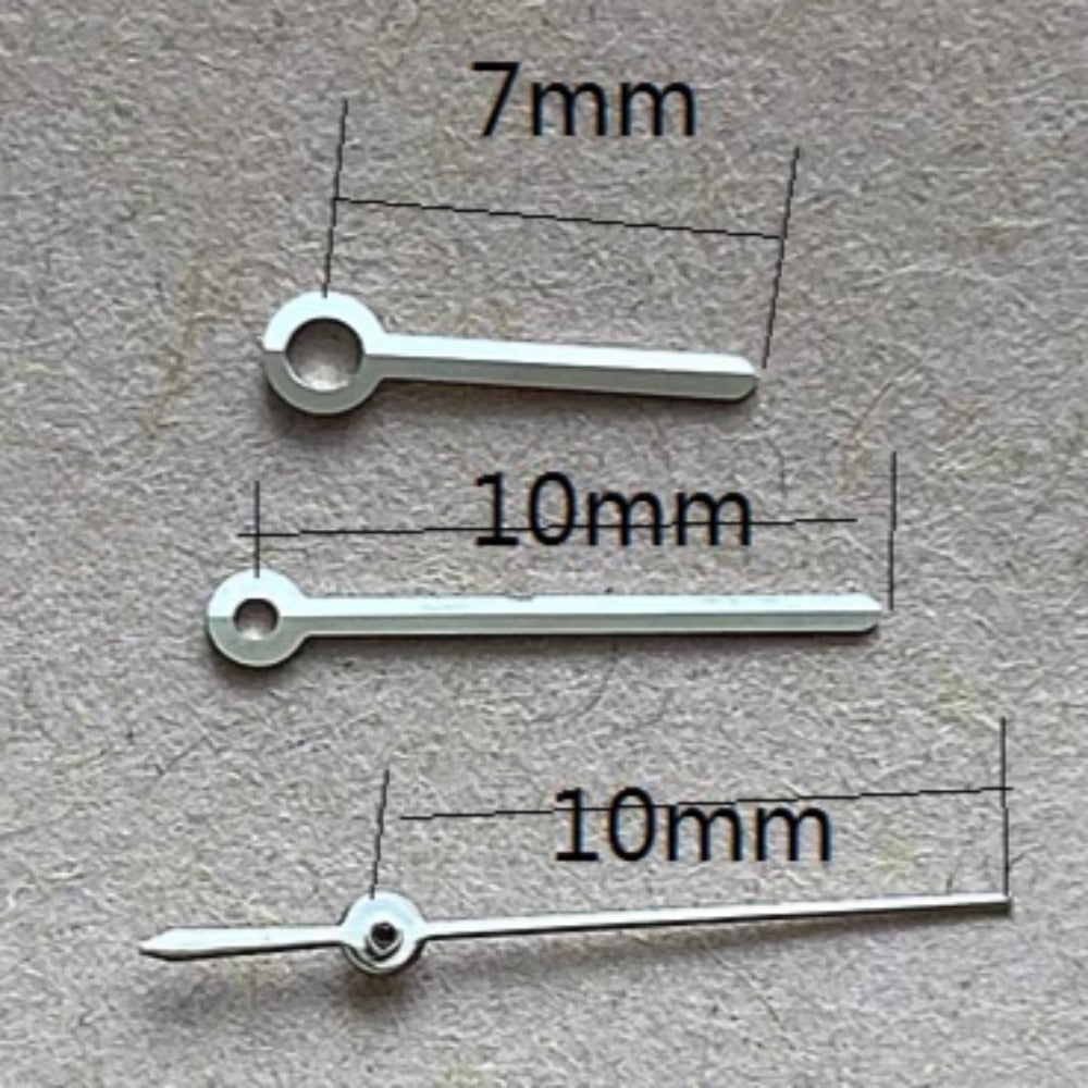 Silver watch hands set for Miyota 2035, 10x10x7mm, precise fit for quartz movement timepieces.