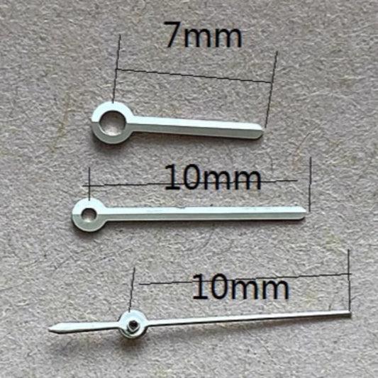 Silver watch hands set for Miyota 2035, 10x10x7mm, precise fit for quartz movement timepieces.