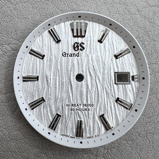White GS 33.3mm watch dial with no lume, modified waved design for NH35 movement by GS.