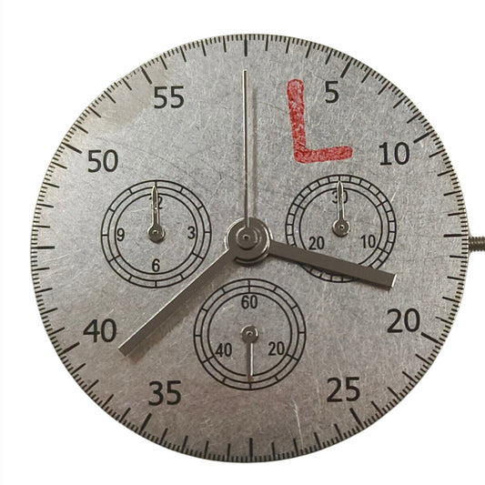 Close-up of China Made Dandong 7750 mechanical watch movement featuring small seconds at 3, 6, and 9 o'clock positions.