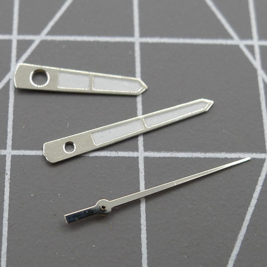 Arrow-shaped silver trim 12mm watch hands for Miyota 2315 and related movements, precise timepiece parts.