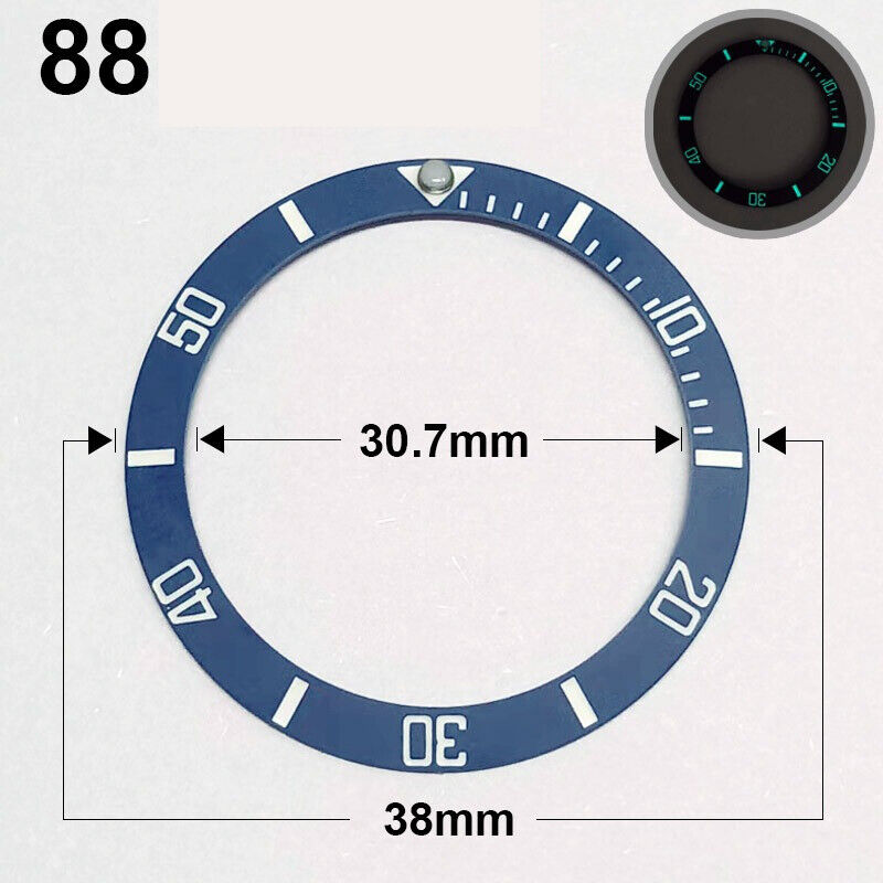 38mm blue ceramic watch bezel with silver font and blue luminous markers for watch repair.