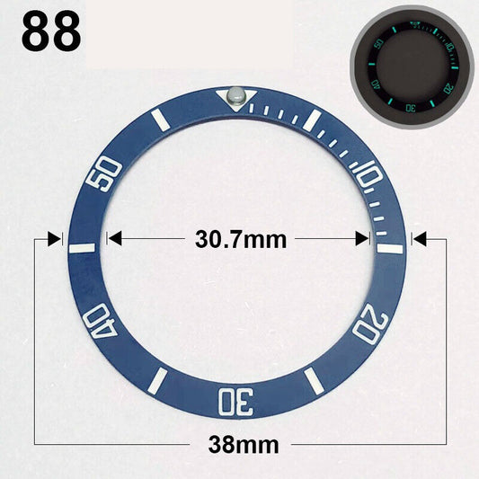 38mm blue ceramic watch bezel with silver font and blue luminous markers for watch repair.