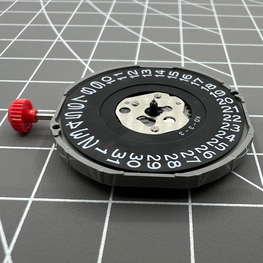 Japan Made Miyota 2415 watch movement with black disk date at 3 o'clock, quartz precision by Miyota.