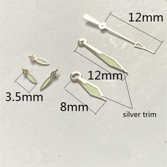 12mm silver-trimmed diamond green lume watch hand for VD53 VD54 VD57 movements.