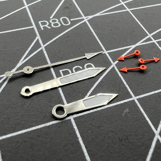 Silver-trimmed green luminous pointed watch hands for Miyota 0S10 movement, precise and stylish accessories.