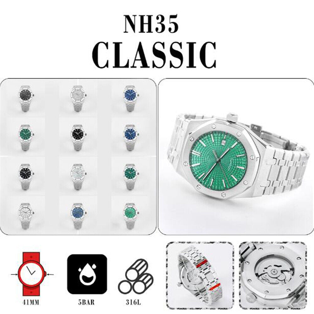 41mm men's stainless steel watch case with NH35 mechanical movement and scratch-resistant sapphire glass.